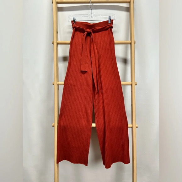 LOVE TREE Dark rust knit wide leg belted pants size S - Picture 3 of 11